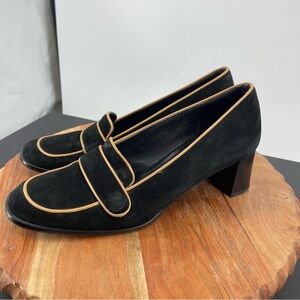 VIA SPIGA heel loafer Block Heel Shoe black suede tan trim Sz 9